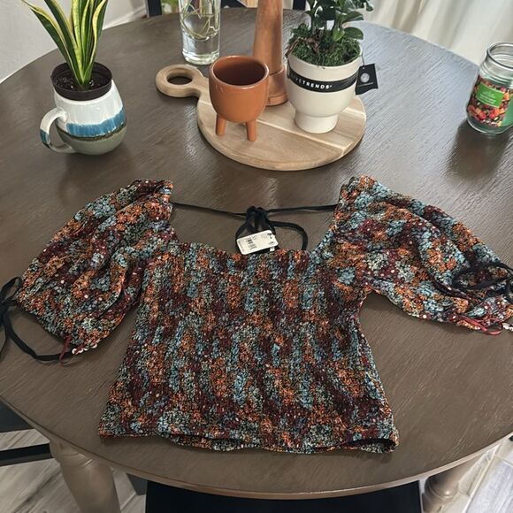NWT Free People Back on Top Floral Square Neck Puff Sleeve Earthy Cropped XS - Picture 8 of 15